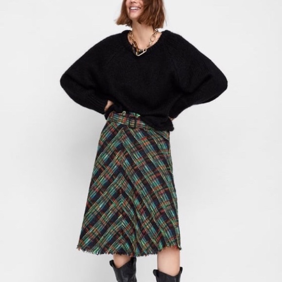 Zara Autumn Vintage Tweed Tartan Plaid High Waist Midi Skirt Size XS - Picture 2 of 15